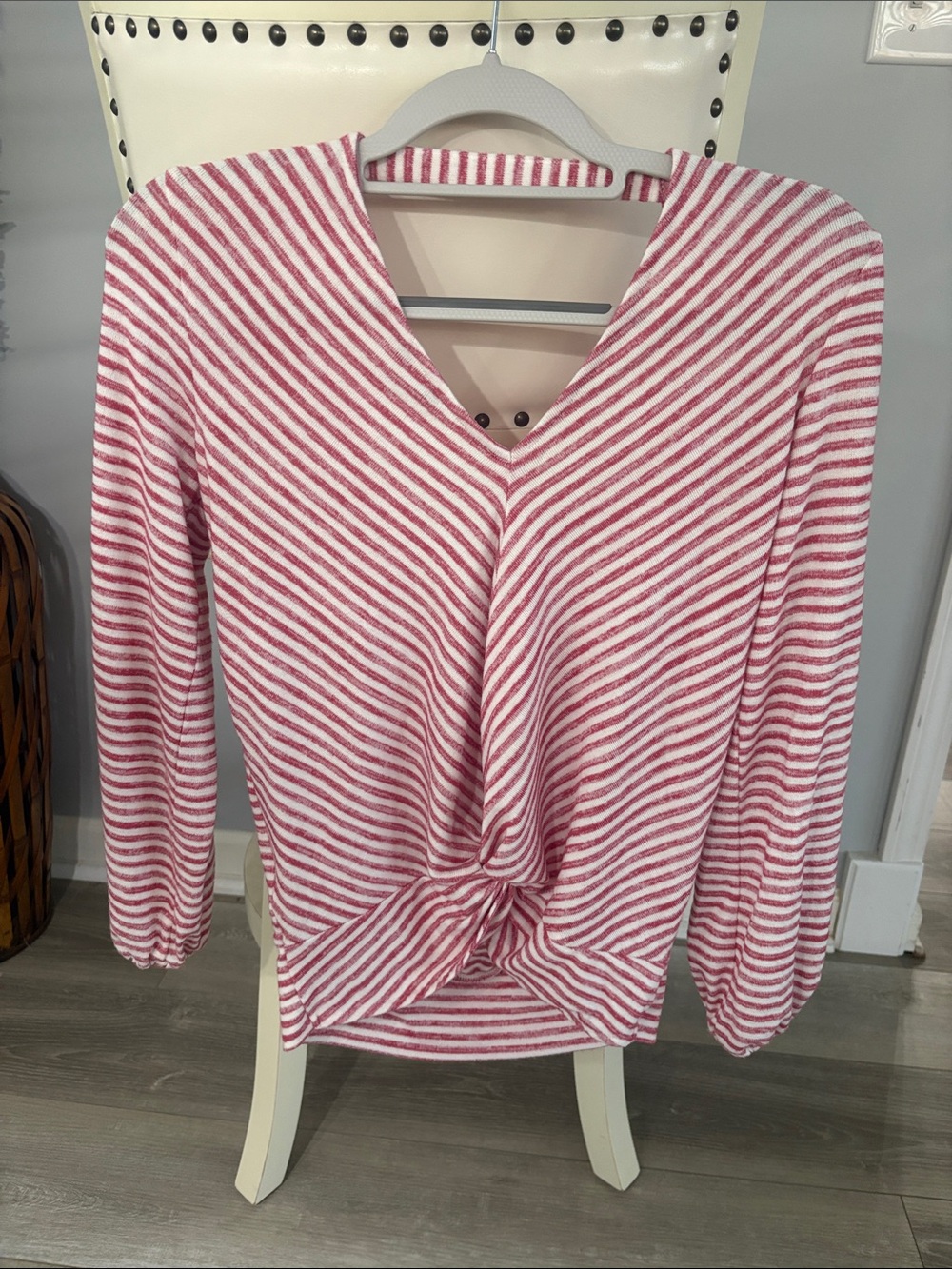 Liverpool Pink & White Striped V-Neck Twist Front Sweater